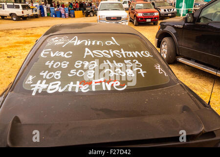 Calaveras County Fairgrounds in Angels Camp, California, Stati Uniti d'America. 12 Settembre, 2015. Un auto con informazioni su dove ottenere aiuto con animali di evacuazione scritte sulla sua schiena finestra. Credito: John Crowe/Alamy Live News Foto Stock