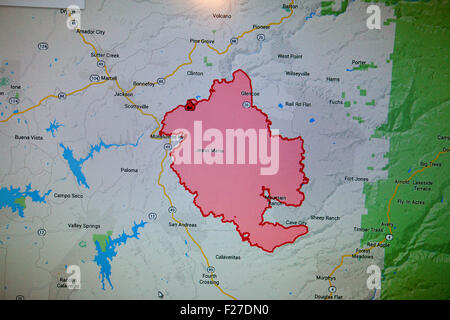 Calaveras County Fairgrounds in Angels Camp, California, Stati Uniti d'America. 12 Settembre, 2015. Una mappa di Butte incendio in California USA come la mattina del 13 settembre 2015 Credit: John Crowe/Alamy Live News Foto Stock