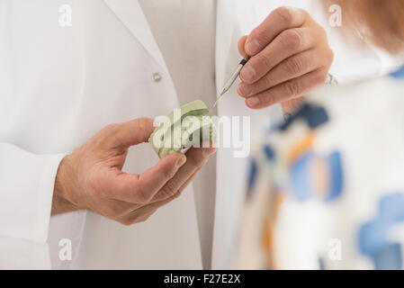 Dentista paziente spiegando sui denti utilizzando le dentiere, Monaco di Baviera, Germania Foto Stock