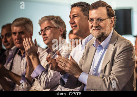 Lleida, in Catalogna, Spagna. Xiii Sep, 2015. Il Primo Ministro spagnolo Mariano Rajoy plaude a un discorso in occasione di un incontro a LLeida durante il PPC per la campagna per le elezioni catalano © Matthias Oesterle/ZUMA filo/Alamy Live News Foto Stock