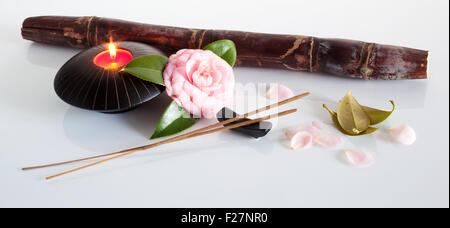 L incenso e candela isolata su uno sfondo bianco Foto Stock