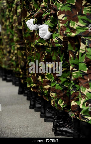 Due soldati in uniforme di mimetizzazione con le mani dietro le spalle Foto Stock