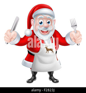 Un Natale cartoon illustrazione di Babbo Natale cucinare la cena di Natale e in possesso di un coltello e forchetta in un grembiule Foto Stock