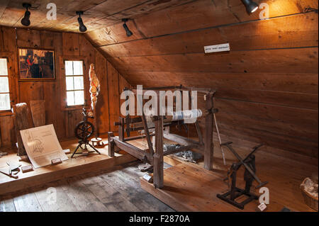 Vecchia ruota di filatura e telaio, Museo Agricolo Jexhof, Schöngeising, Baviera, Germania Foto Stock