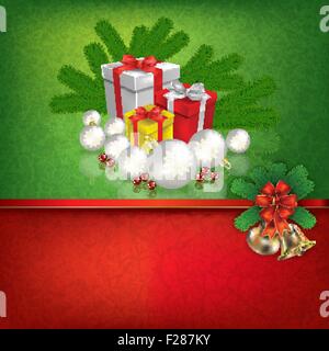 Abstract grunge rosso sfondo verde con mano campane e regali di Natale Illustrazione Vettoriale