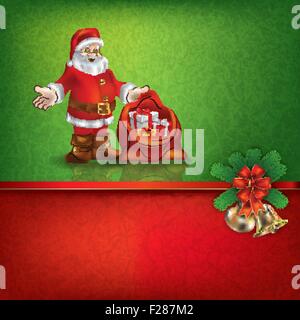 Abstract grunge rosso sfondo verde con la mano di campane e di Babbo Natale Illustrazione Vettoriale