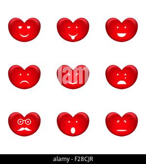 Set di sorrisi di forma di cuore di tante emozioni, isolata su whi Illustrazione Vettoriale