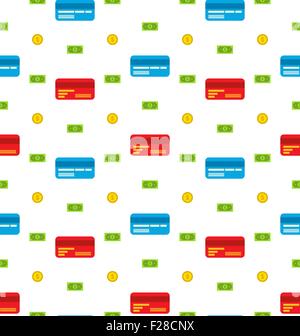 Modello senza soluzione di continuità con le carte di credito, banconote, monete, piatto Icone delle finanze Illustrazione Vettoriale