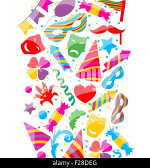 Sfondo di festa con il carnevale e il partito icone colorate e ob Illustrazione Vettoriale