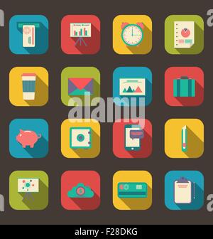 Business e Office oggetti, icone piatta con ombre lunghe Illustrazione Vettoriale