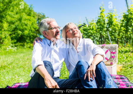 Senior donna e uomo avente pic nic sul prato in estate seduti sotto la luce diretta del sole Foto Stock