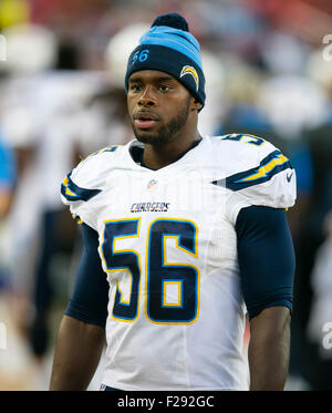 Santa Clara, CA. 3 Sep, 2015. San Diego Chargers inside linebacker Donald Butler (56) sull'emarginare durante la NFL partita di calcio tra San Diego Chargers e San Francisco 49ers a Levi's Stadium di Santa Clara, CA. Il Niners sconfitto il caricabatterie 14-12. Damon Tarver/Cal Sport Media/Alamy Live News Foto Stock