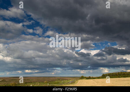 Drammatica cielo sopra Cley paludi e terreni agricoli North Norfolk Foto Stock