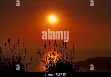 Cielo rosso tramonto sull'isola di Santorini Grecia Foto Stock