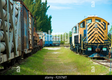 Un vecchio treno in un treno cantiere, che mostra segni di invecchiamento e degrado ma è ancora un bel pezzo. Foto Stock
