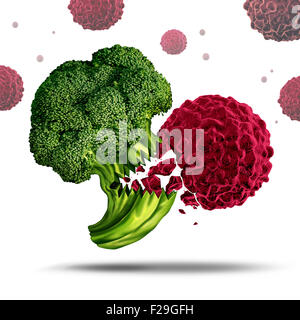 Super concetto o super simbolo di cibo come un carattere di broccoli mangiare una cellula di cancro per prevenire la malattia come un nutriente vegetale ricco di benefici per la salute umana e di vivere uno stile di vita sano da mangiare nutriente pasti medicinali. Foto Stock