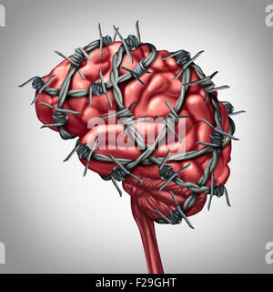 Il dolore del cervello cure mediche nozione come un pensiero umano organo con barbwire o sharp barb recinto di filo avvolto intorno l'anatomia come un simbolo di una infiammazione dolorosa malattia o emicrania e mal di testa di sofferenza. Foto Stock