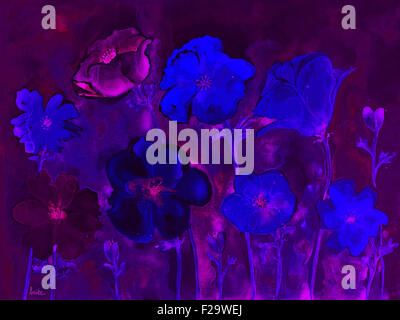 Psichedelico velluto blu fiori. Il tamponando tecnica conferisce un morbido effetto di messa a fuoco a causa di alterata la ruvidità di superficie del pap Foto Stock