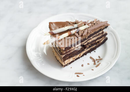 Fetta di torta al cioccolato sulla piastra, il fuoco selettivo Foto Stock