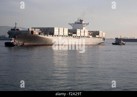 Nave container di ormeggi a largo di Gibilterra, Porto di Algeciras, Spagna Foto Stock
