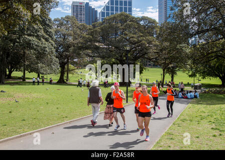 Un gruppo di lavoratori della città in esecuzione e fare jogging a ora di pranzo nel Domain di Sydney, Australia Foto Stock