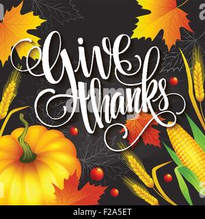 Disegnata a mano ringraziamento biglietto di auguri con foglie di zucca e spica. Illustrazione Vettoriale Illustrazione Vettoriale