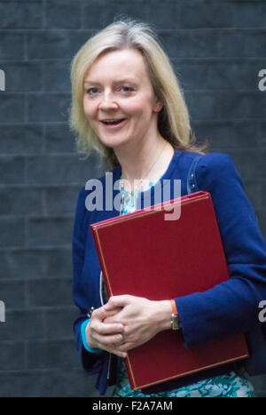 A Downing Street, Londra, Regno Unito. 15 Settembre, 2015. Il segretario di Stato per l'ambiente, l'alimentazione e gli affari rurali, Elizabeth Truss arriva al 10 di Downing Street per frequentare il settimanale riunione del gabinetto © Paul Davey/Alamy Live News Credito: Paolo Davey/Alamy Live News Foto Stock