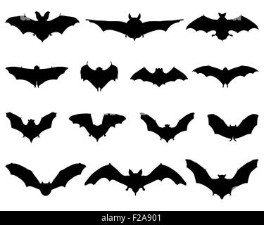 Silhouette nera di diversi pipistrelli, vettore Foto Stock