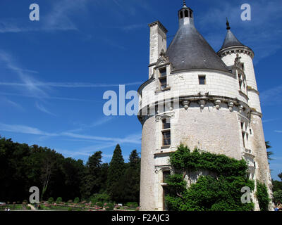 Chateau de Chenonceau,spazio antistante e la Torre Marques,della Valle della Loira,fiume Cher, Indre-et-Loire,Touraine,Francia Foto Stock