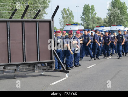 Roeszke, Ungheria. Xv Sep, 2015. Alla frontiera Roeszke 1 per l'Ungheria, la quale è chiusa, ungherese poliziotti accanto all'autostrada in Roeszke, Ungheria, 15 settembre 2015. Nella notte di martedì in Ungheria chiuso le sue frontiere alla Serbia per i rifugiati. Solo due punti di incrocio lungo la 175 chilometro lungo confine sono lasciati aperti come zone di transito per un numero limitato di profughi. Foto: THOMAS BREY/DPA/Alamy Live News Foto Stock