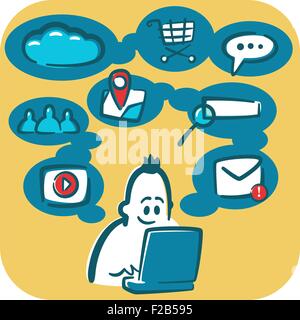 Cartoon giovane la navigazione su internet tramite computer portatile. Sociali e icone multimediali. Illustrazione Vettoriale