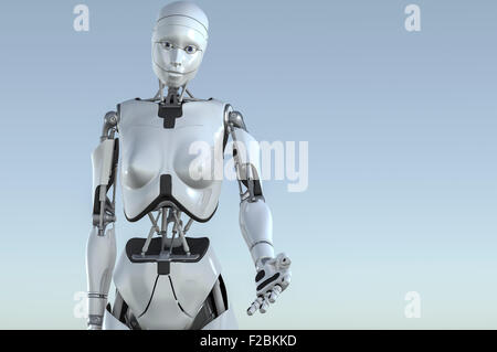 Femmina robot umanoide. Guardando nella telecamera con stirata fuori mano sinistra come se la possibilità di offrire assistenza. Foto Stock