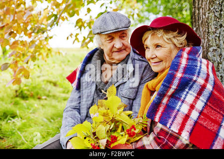 Affettuosa coppia senior avente resto sotto agli alberi sui giorni di autunno Foto Stock