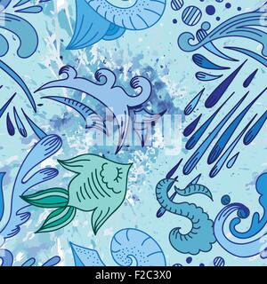 Seamless sfondo vettoriale con stile doodle scende, acquerello splash e pesce Illustrazione Vettoriale