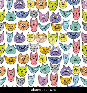 Doodle cat facce sfondo vettoriale per bambini e baby design Illustrazione Vettoriale