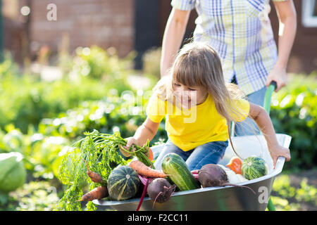 Poco funny girl all'interno della carriola con verdure in giardino Foto Stock