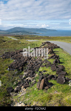 Tagliare la torba di essiccazione al sole su l'Isola di Skye. Foto Stock