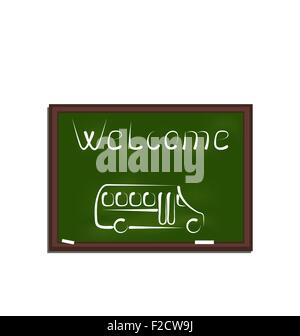 Lavagna Verde con dipinto scuola bus Illustrazione Vettoriale