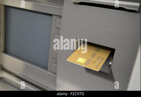 Una vista ingrandita di un generico facciata atm con una carta bancaria essendo iserted nella fessura per la scheda su un sfondo isolato Foto Stock