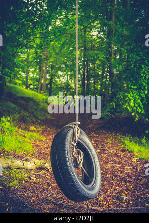 In stile retrò infanzia Immagine di un pneumatico Swing nel profondo di una foresta Foto Stock