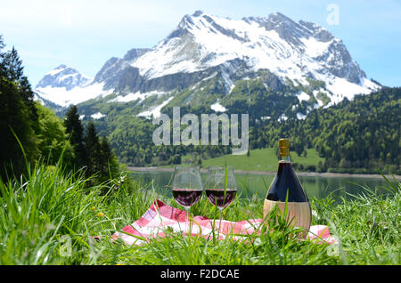 Il vino e le verdure servita presso un pic-nic nel prato alpino. Svizzera Foto Stock