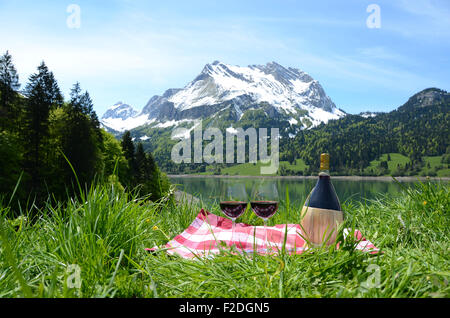 Il vino e le verdure servita presso un pic-nic nel prato alpino. Svizzera Foto Stock