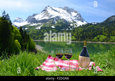 Il vino e le verdure servita presso un pic-nic nel prato alpino. Svizzera Foto Stock