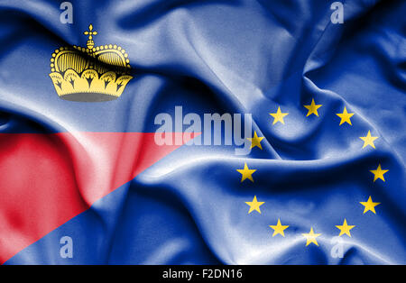 Sventola bandiera della Unione Europea e Lichtenstein Foto Stock
