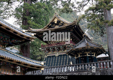 Nikko Shrine Temple più dettagli del tetto e di alberi di alto fusto Foto Stock