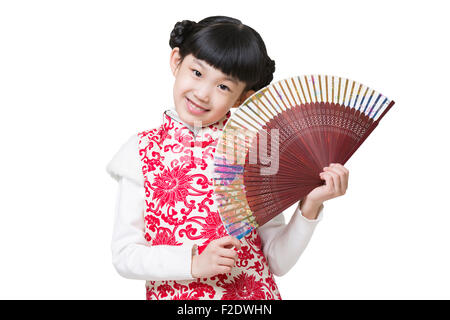 Felice ragazza con una ventola di piegatura Foto Stock