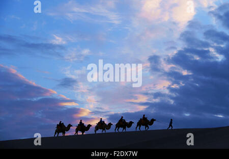 Jiuquan, la Cina della provincia di Gansu. Xvi Sep, 2015. I turisti corsa cammelli a scenic area di crescent molla del Mingsha Hill a Dunhuang, a nord-ovest della Cina di Provincia di Gansu, Sett. 16, 2015. © Zhang Xiaoliang/Xinhua/Alamy Live News Foto Stock