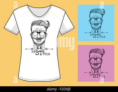 T-Shirt Print design con testa di Hipster e scritte. Tre varianti di colore. Illustrazione Vettoriale