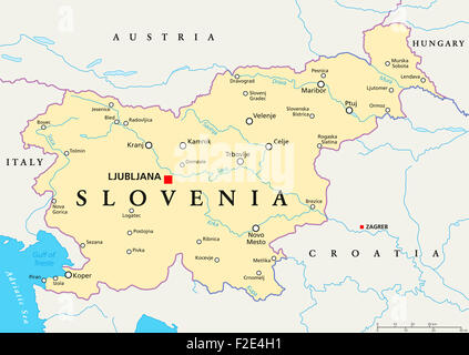 La Slovenia mappa politico con capitale Lubiana, confini nazionali importanti città, fiumi e laghi. Etichetta inglese / ridimensionamento. Foto Stock