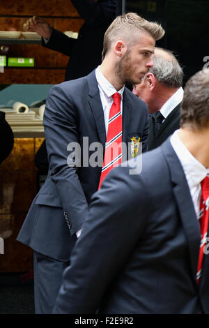 Il Manchester United David de Gea arriva all'aeroporto di Manchester. Foto Stock
